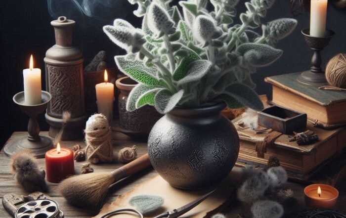 Lamb's Ear Plant on a witch's workbench